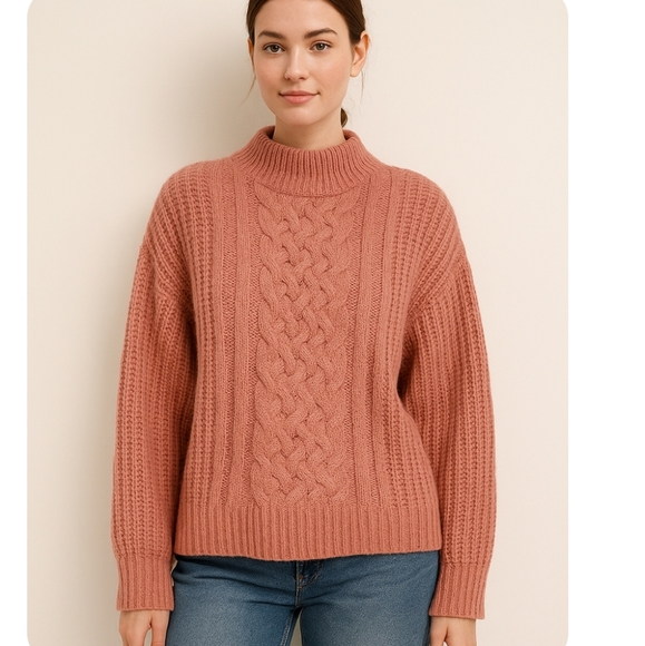 Forever 21 Coral Cable Knit Mock Neck Sweater, Size Large - Picture 1 of 4